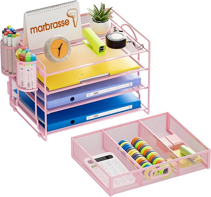 Marbrasse Desk Organizer and Accessories4-Tier Paper File Letter Tray Accessories & Workspace Desk Organizers with Drawer and 2 Pen Holders for School Home Office Supplies(Pink)
