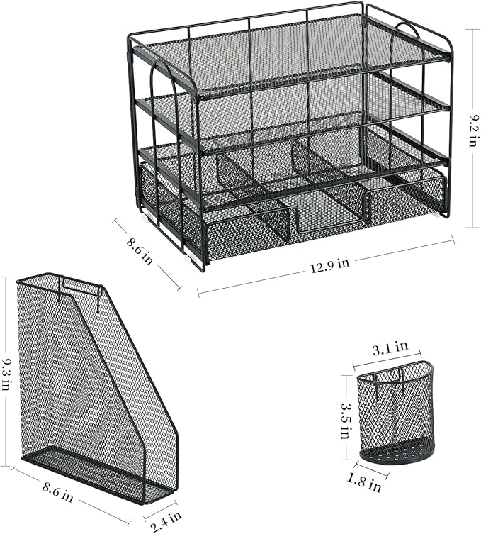 gianotter Desk Organizers and Accessories with File Holder, 4-Tier Desk Accessories & Workspace Organizers with Drawer and 2 Pen Holder, Paper Organizer for Office Supplies (Black)