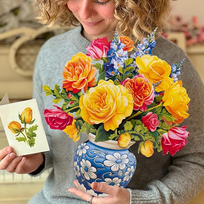 Freshcut Paper Pop Up Cards, Paper Flower Bouquet 3D Popup Greeting Cards with Note Card & Envelope, Birthday Card, Anniversary, Get Well Gifts for Women, 12" Sorbet Roses