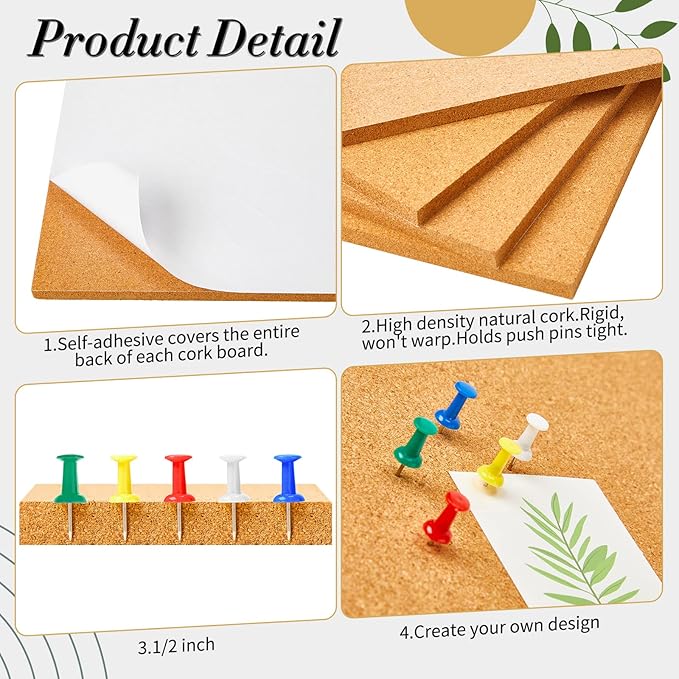 Cork Board Tiles 12 x 12 in 0.5 in Thick Square Bulletin Boards Cork Tiles Bulk with Push Pins Mini Natural Self Adhesive Backing Corkboards for Wall Home Office Floor DIY(28 Pcs)