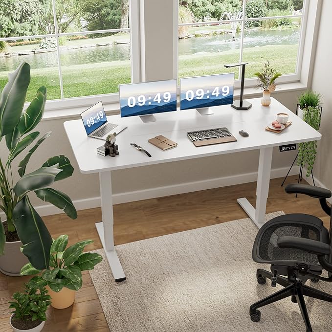 Furmax Electric Height Adjustable Standing Desk Large 63 x 24 Inches Sit Stand Up Desk Home Office Computer Desk Memory Preset with T-Shaped Metal Bracket, White