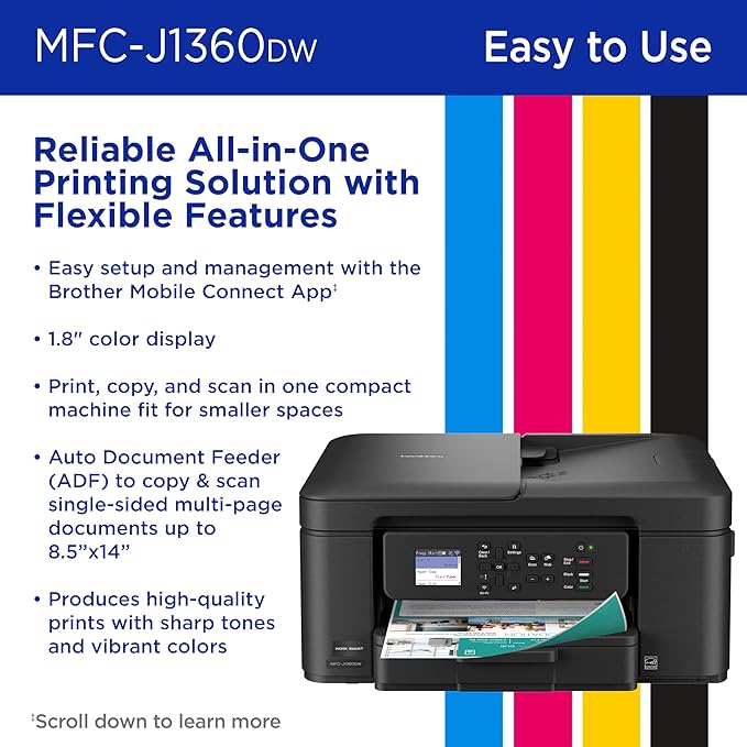 Brother Work Smart 1360 Wireless Color Inkjet All-in-One Printer with Automatic Duplex Printing and 1.8” Color Display | Includes Refresh Subscription Trial(1) (MFC-J1360DW) (Uses LC501 Series Inks)