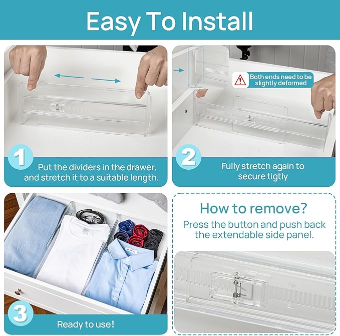 Vtopmart 14 Pack Drawer Dividers for Clothes, 4" High 10.2"-16.6" Adjustable Expandable Dresser Drawer Organizer, Clear Plastic Separators for Dresser, Baby Clothing, Underwear, Cosmetic, Toiletries