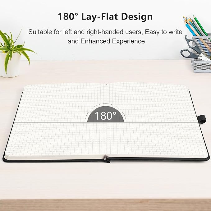 RETTACY Graph Grid Paper Notebook, 2-Pack, 192 Pages per Pack, A5 Medium Size (5.7'' x 8.3''), Leather Hardcover, 100 GSM Thick Paper, for School, Students, Math, Engineering (Black & Black)