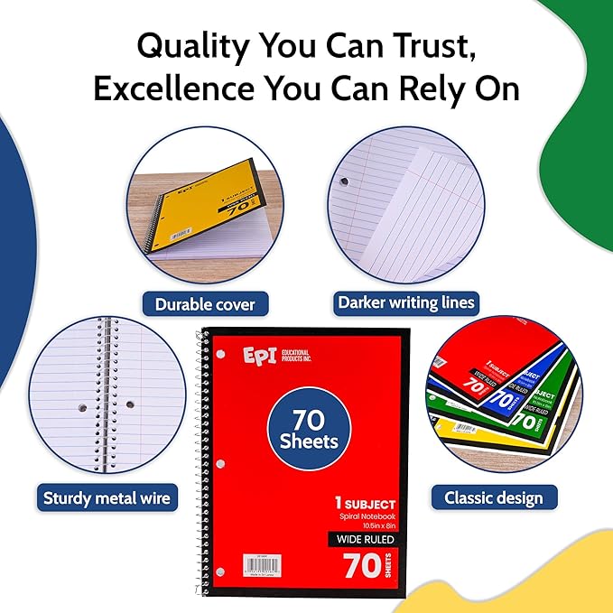EPI Spiral Notebook | Wide - 70 Sheets, Durable Spiral Binding | 10.5 x 8 in | Classroom Supplies | School, Office, Note Taking, Journaling - 12 Pack