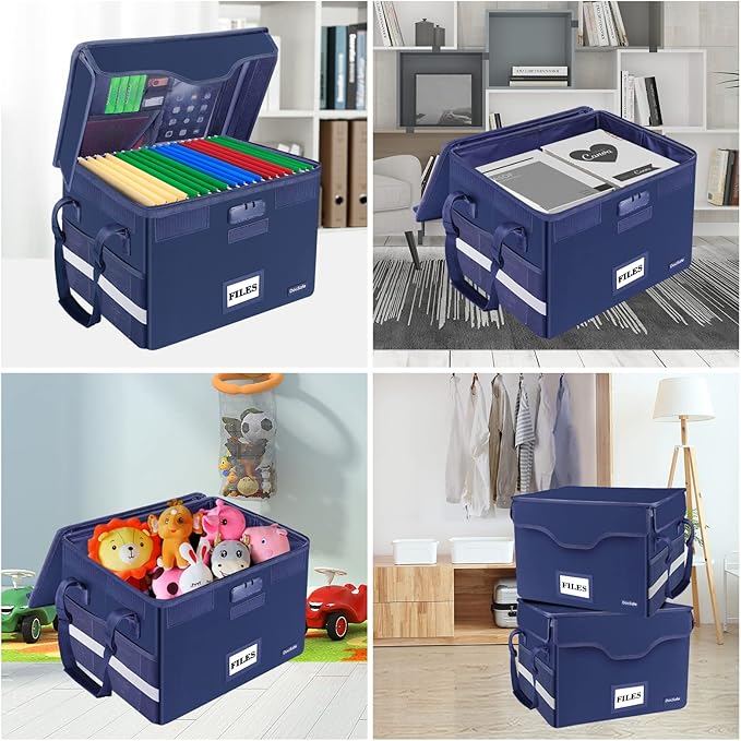DocSafe File Box Fireproof Document Box with Lock,File Storage Organizer Box with Insert Pocket,Collapsible Portable File Box Home Office File Cabinet with Handle for Hanging Letter/Legal Folder,Blue