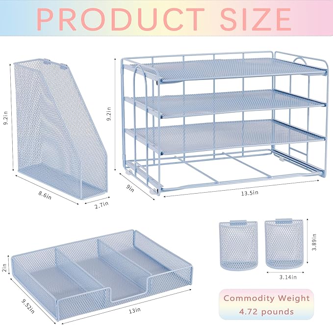 Desk Organizers and Accessories, Desk Accessories & Workspace Organizers for Office Supplies, File Organizer Desk Drawer Organizer with 2 Pen Holders, 4 Tier Paper Organizer for Desk(Blue)