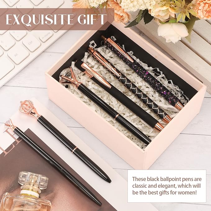 6 Pcs Ballpoint Pens Set Metal Crystal Diamond Pen for Journaling Glitter Pretty Cute Stationery Black Ink Fancy Gifts for Women Girls Teacher Office Wedding School Supplies(Black)