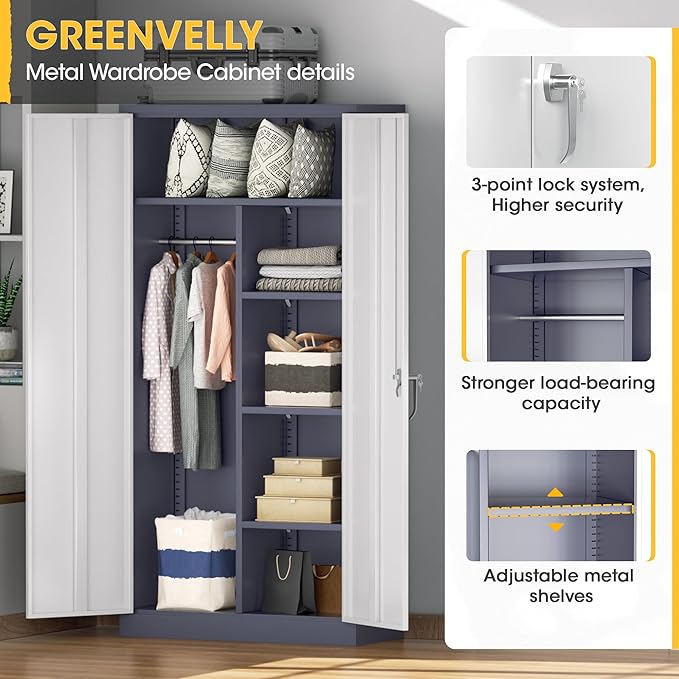Greenvelly Metal Storage Wardrobe Cabinet with Lock, 72" White Grey Metal Wardrobe Closet for Hanging Clothes with Doors and Shelves, Modern Clothes Closet for Home, Office and Bedroom, School,Gym