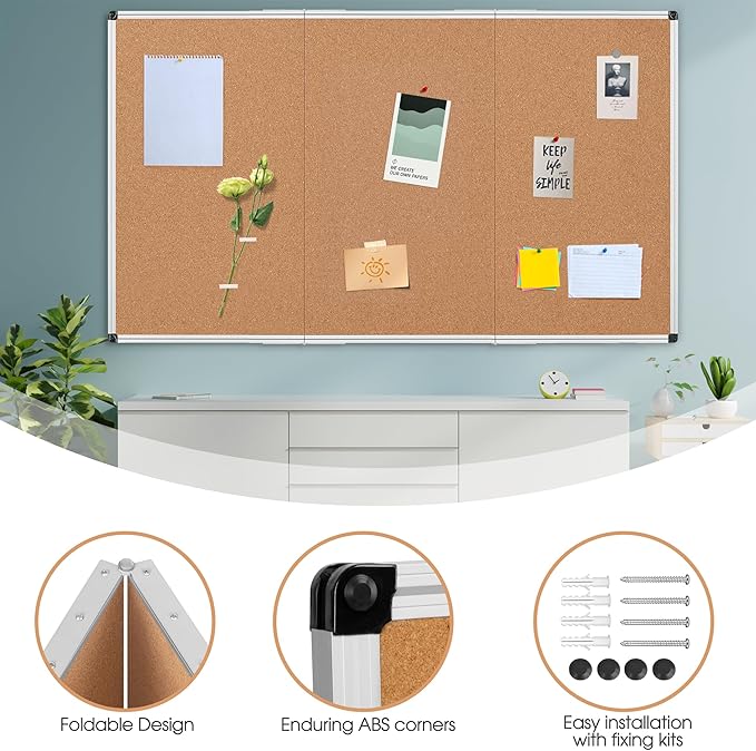 Board2by Extra Large Cork Bulletin Board 96" X 48", Foldable Notice Pin Board for Wall, Silver Aluminum Framed 8'x4' Corkboard, Wall Mounted Noticeboard with 36 Push Pins for School, Home & Office