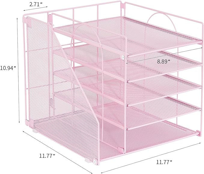 Desk Organizers and Accessories, 5-Tier Paper Letter Tray Organizer with File Holder, Pink Office Decor (Pink)