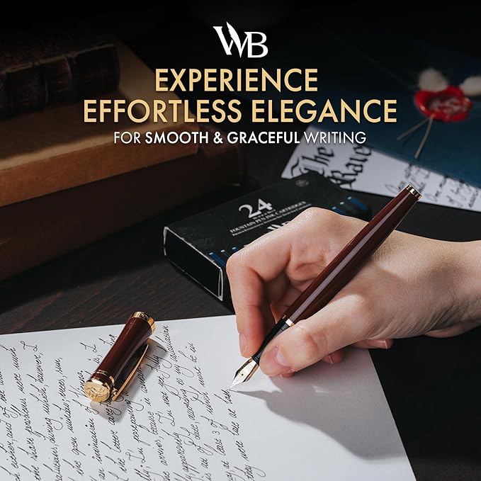 Wordsworth & Black Fountain Pen Kit, 18K Medium Gold Nib, Includes 24 Ink Cartridges, Ink Refill Converter and Gift Box, Gold Finish, Calligraphy, [Golden Brown]