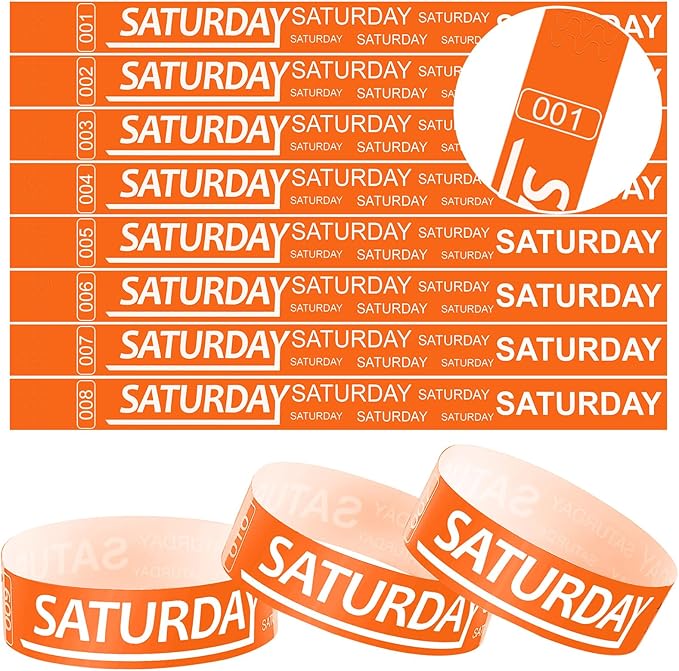 Henoyso 600 Pcs Saturday Paper Wristbands Event Wristbands Paper Bracelets Wristbands Numbered Waterproof Party Wristbands for Events Day of The Week(Orange)