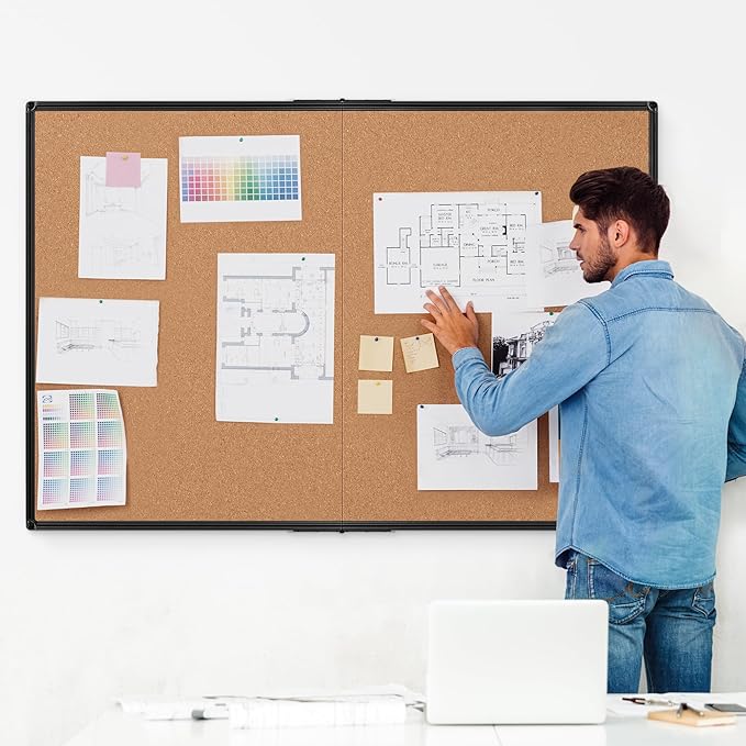 Board2by Extra Large Cork Bulletin Board 60" X 48", Foldable Notice Pin Board for Wall, Black Aluminum Framed 5'x4' Corkboard, Wall Mounted Noticeboard with 36 Push Pins for School, Home & Office