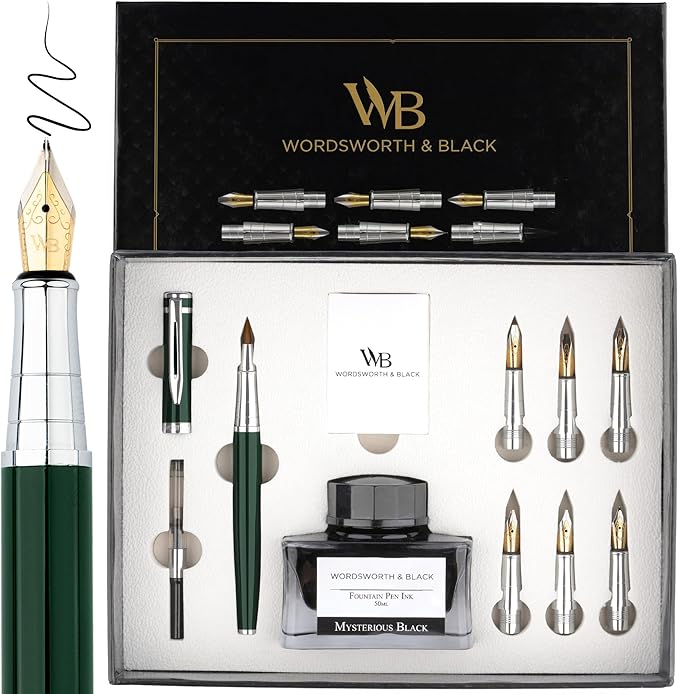 Wordsworth & Black Calligraphy Pen Gift Set, Includes Bottle, 6 Cartridges, Refill Converter, 6 Replacement Nibs, Premium Package, Journaling, Smooth Writing Pens [Green Chrome]