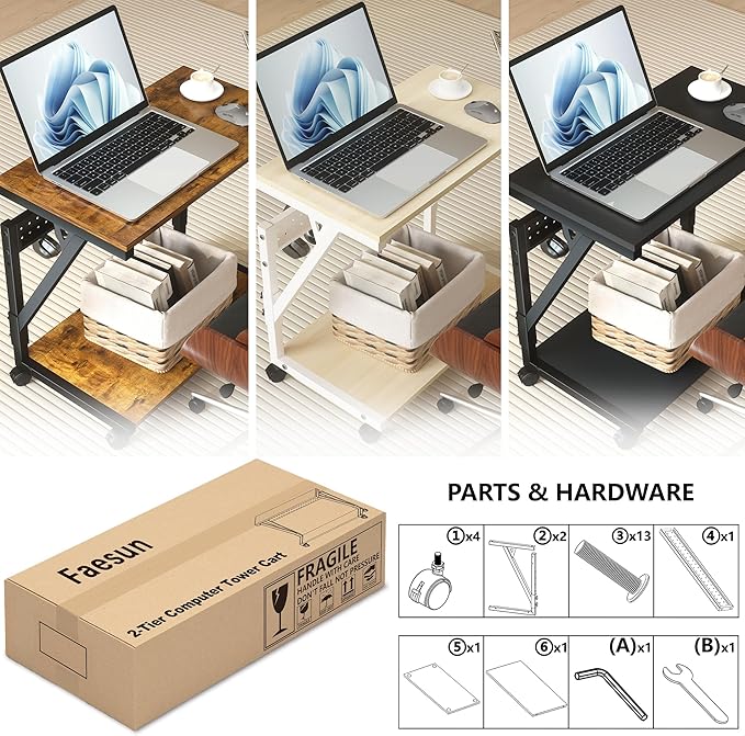 Computer Tower Cart - Height Adjustable PC Stand, 2-Tier ATX-Case CPU Holder Home Office Gaming Desk Accessories with Rolling Lockable Wheels, Laptop Table Standing Computer Desk, Natural White