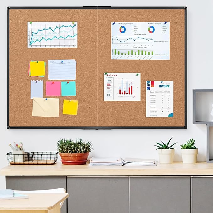 Board2by Extra Large Cork Bulletin Board 60" X 48", Foldable Notice Pin Board for Wall, Black Aluminum Framed 5'x4' Corkboard, Wall Mounted Noticeboard with 36 Push Pins for School, Home & Office