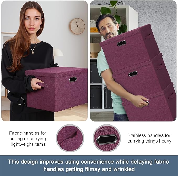 Large 17" 36 Quart Collapsible Stackable Storage Bins with Lids, 3 Packs Purple Linen Fabric Closet Boxes with Lids, Storage Cube Baskets Container Organizers for Bedroom Office (17x12x11)