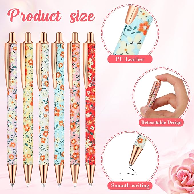 Glenmal 24 Pcs Flower Pens for Women Floral Ballpoints Pretty Fancy Pens Retro Floral Cute Ballpoints Black Ink Metal Retractable Writing Journaling Gifts for Office Supplies