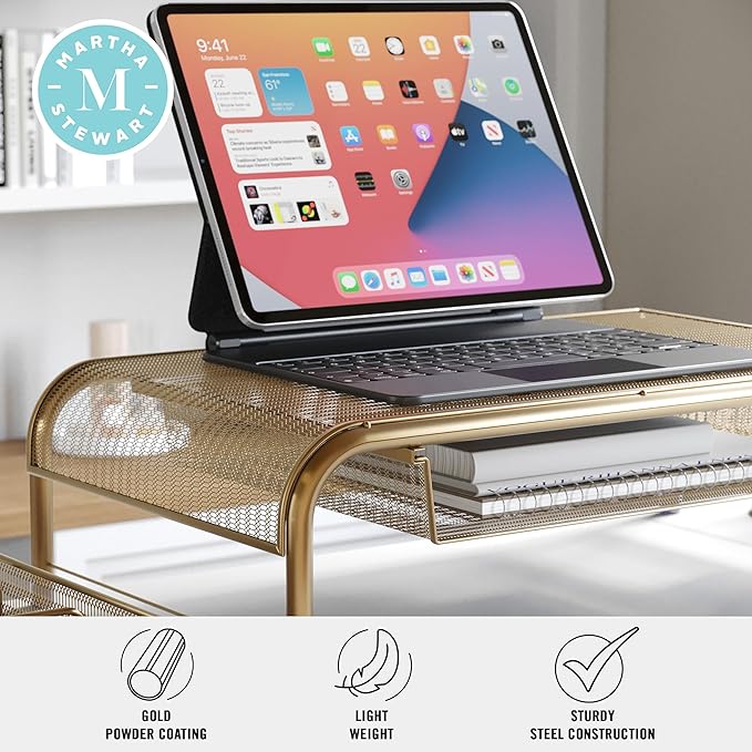 Martha Stewart Ryder Gold Mesh Metal Desktop Monitor Stand Riser with Organizer Drawer and Side Storage, 12.5 x 22.25 x 6.5 inches