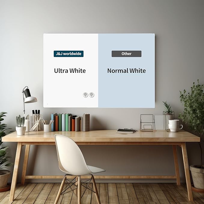 J&J worldwide Glass Whiteboard, Magnetic Brilliance White Glass Dry Erase Board 4' x 3' Imperforated, Frameless, Includes Markers, Magnets, Aluminum Marker Tray, Eraser for Wall, Office, Home