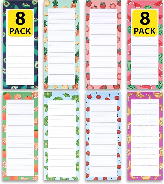 8 Magnetic Notepads – Notepads for Grocery List, Shopping List, To-Do List, Reminders -Strong Magnetic Back- Memo Notepad with Realistic Fruit Designs | 25 Sheets per Pad 7.5 x 3.5 inch (8 Pack)