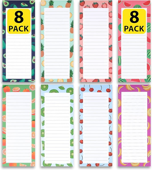 8 Magnetic Notepads – Notepads for Grocery List, Shopping List, To-Do List, Reminders -Strong Magnetic Back- Memo Notepad with Realistic Fruit Designs | 25 Sheets per Pad 7.5 x 3.5 inch (8 Pack)