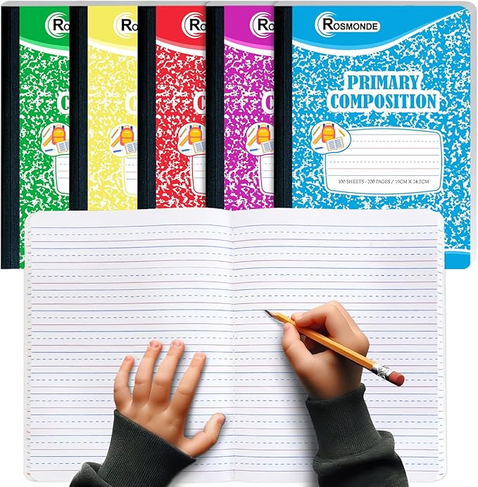 Composition Notebooks Primary Ruled 50 Pack, 200 Pages (100 Sheets), Color Marble Composition Notebook, Sewn Binding Hard Cover, Primary Composition Notebook for Kids, Writing Dotted Lined