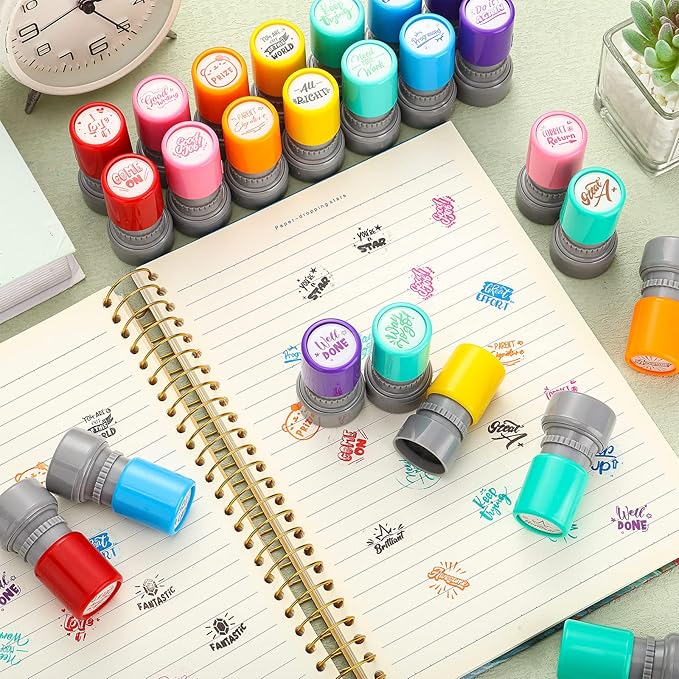 Yinder 24 Pcs Teacher Stamps for Classroom Self Inking Classroom Stamps Bulk for Teachers Elementary Colorful Motivational Encouraging Gifts(Modern)