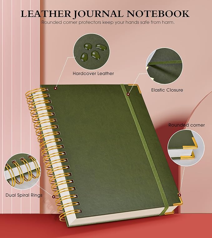 Spiral Notebook Journal 5.75” x 8.38”, 300 Pages Hardcover Leather Lined Journals for Women Men, A5 Small College Ruled Notebooks with 100 GSM Thick Paper, Spiral Journal for Writing Work, Olive Green