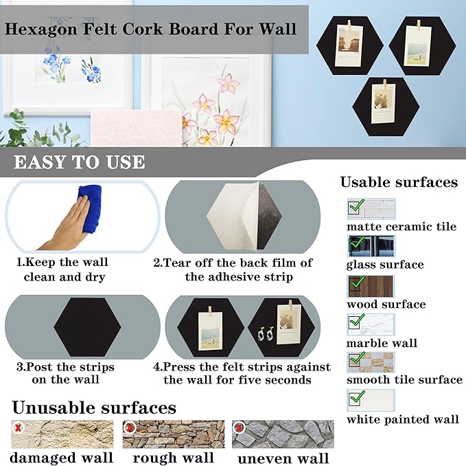 6Pcs Black Hexagon Bulletin Board Strips,Black Felt Pin Board Bar Strips with 50 Pushpins, Self-Adhesive Felt Cork Board Strips for Wall to Display Your Notes, Photos, Schedules
