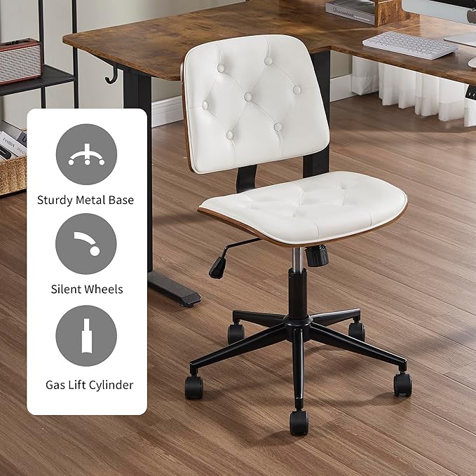 Small Home Office Chair - Armless Mid Back Desk Chair with 360° Swivel and Wheels, PU Upholstered Height Adjustable Modern Walnut Computer Chair for Home, Office Meeting Room - White