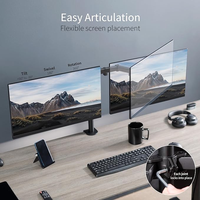 VIVO Dual Monitor Desk Mount, Holds 2 Computer Screens up to 30 inches and 22lbs Each, Heavy Duty Fully Adjustable Steel Stand with C-Clamp and Grommet, Black, STAND-V002