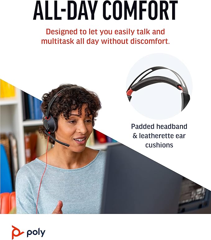 Poly - Blackwire 5220 USB-A Headset (Plantronics) - Wired, Dual Ear (Stereo) Computer Headset with Boom Mic - USB-A, 3.5 mm to connect to your PC, Mac, Tablet and/or Cell Phone