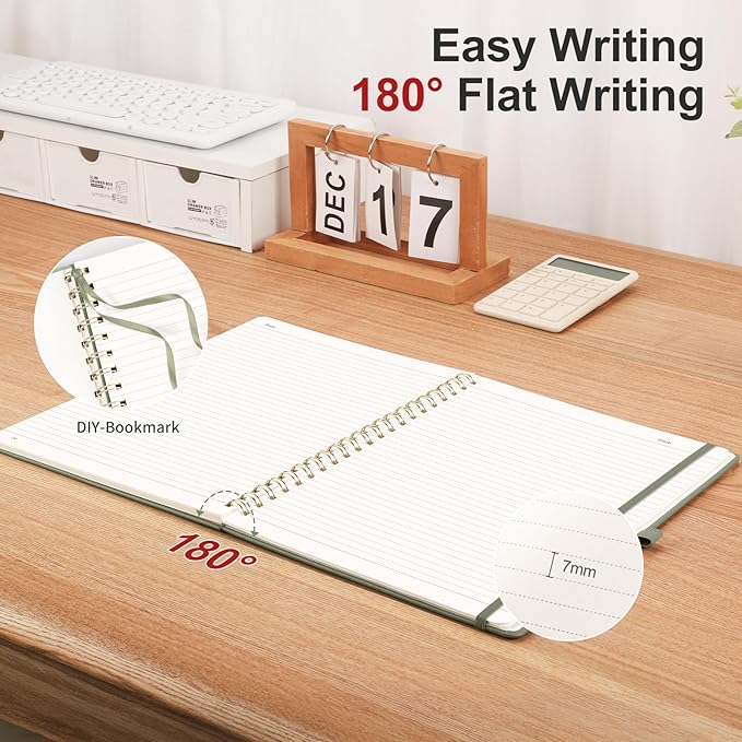 AHGXG Lined Spiral Journal Notebook for Women Men, 8.5" x 11", A4 Large, College Ruled, Hardcover Leather, 100 GSM Paper, Notebooks for Work School Note Taking Writing, Sage Green