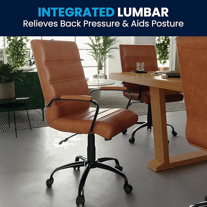 Flash Furniture Whitney Mid-Back Swivel Leather Desk Chair with Padded Seat and Armrests, Adjustable Height Padded Leather Office Chair, Brown/Black