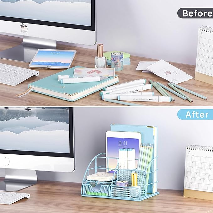 Blue Office Desk Accessories Supplies, 10pcs Desk Organizers and Accessories with Tape Dispenser and Stapler,Staples,Scissor,Ruler,Sticky Tabs,Tape,Ballpoint Pen,Clips Set