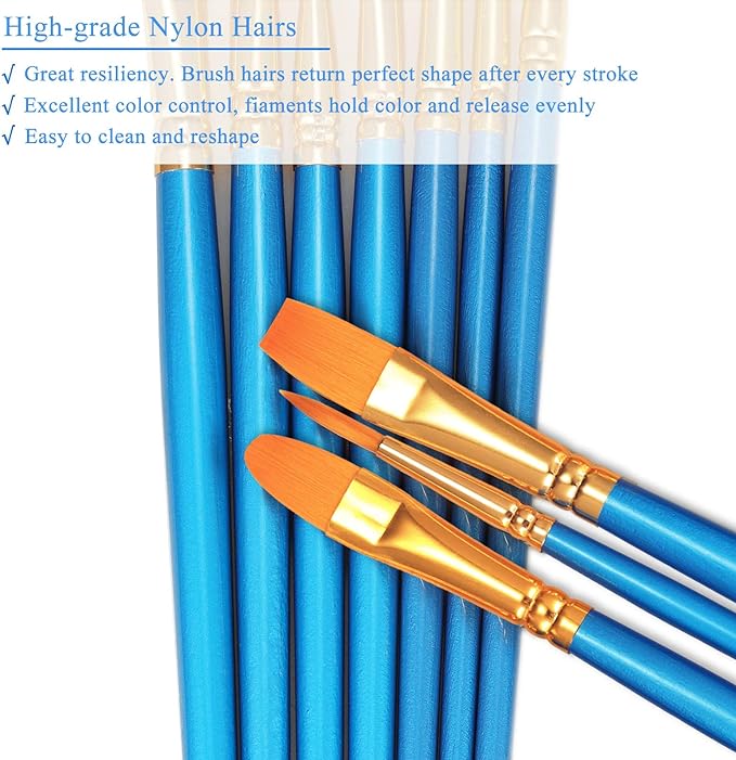 BOSOBO Paint Brush Set, 10pcs Round Pointed Tip Nylon Hair Artist Detail Paintbrushes, Professional Fine Acrylic Oil Watercolor Brushes for Face Nail Body Art Craft Model Miniature Painting, Blue
