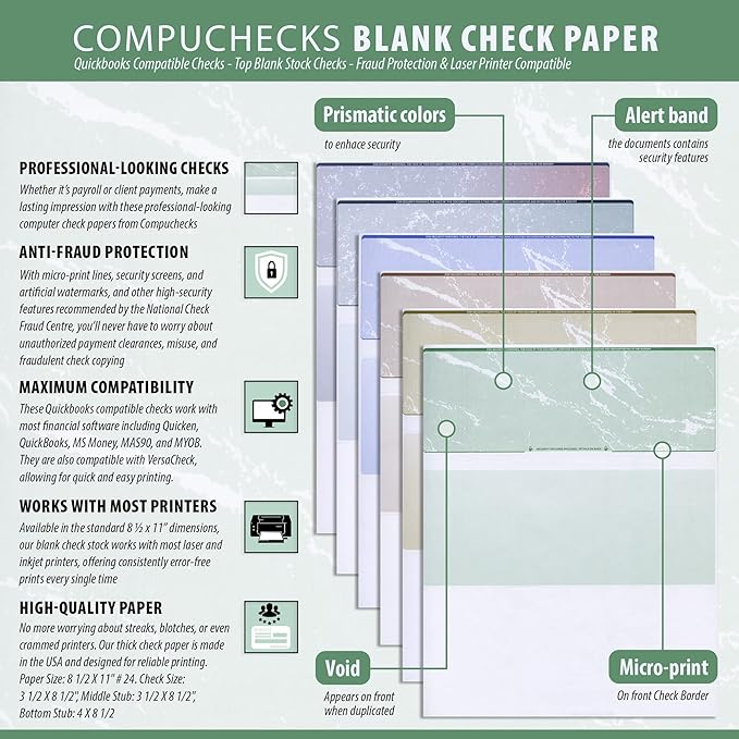 Compuchecks Check on Top Blank Check Paper - 2500 Pack, Quick-Books & Laser Printer Compatible - Security Business Checks with Voucher - 8.5" x 11" Green Pinstripe
