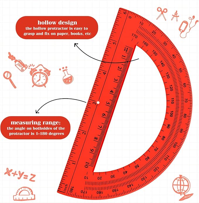 Zonon 2 Pack 12'' Plastic Ruler and 6'' Plastic Protractor Set Clear Ruler Protractor Set Math Geometry Supplies for School Classroom Home Office Drawing (Red)