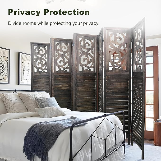 NicBex 8 Panel Room Divider 5.6FT Wood Carved Room Dividers, Folding Privacy Screens Portable Freestanding Partition Wall Dividers for Home Bedroom Office, Rustic Brown