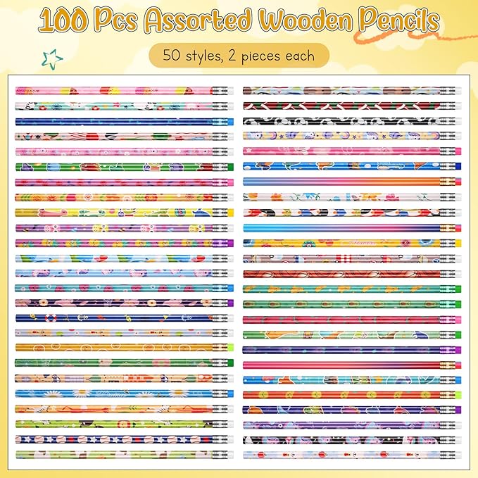 Sabary 100 Pcs Assorted Wood Pencil Bulk 50 Styles #2 HB Colorful Novelty Fun Dinosaur Animals Fruits Sports Pencils with Erasers Back to School Supplies for Kids Student Teacher Classroom Reward