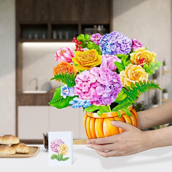 Airpark Paper Flower Pop Up Cards, 12'' Rose Hydrangea Bouquet, Paper Flowers 3D Greeting Cards with Blank Note Card & Envelope for Birthday, Annivesary, Easter Cards Gifts for Women Kids