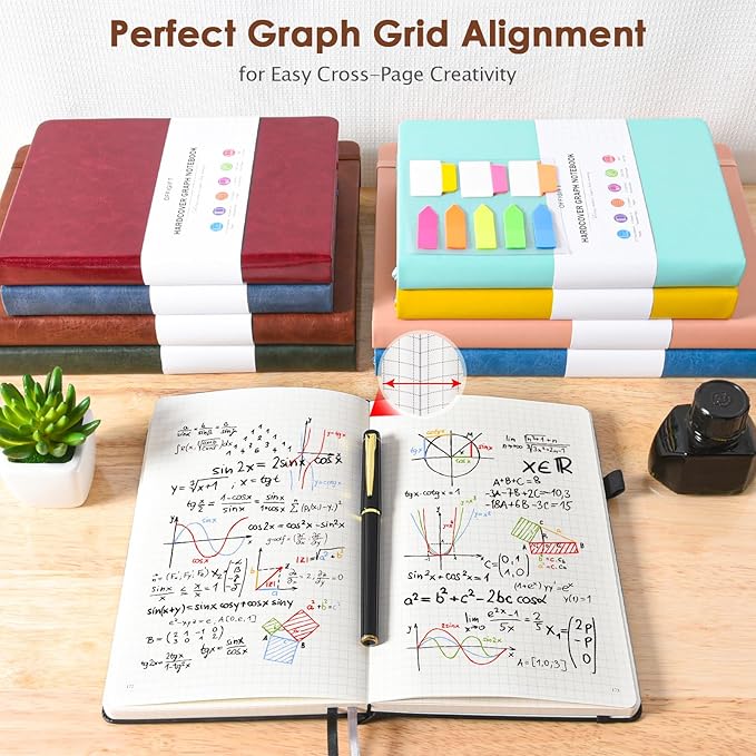 Graph Paper Notebook, 312 Numbered Pages Large A5 Hardcover Leather Journal, 100gsm No Bleed Grid Paper Notebook with Index Pages, Grid Notebook for Graphing Notes Math, 5.75" x 8.38", Brown