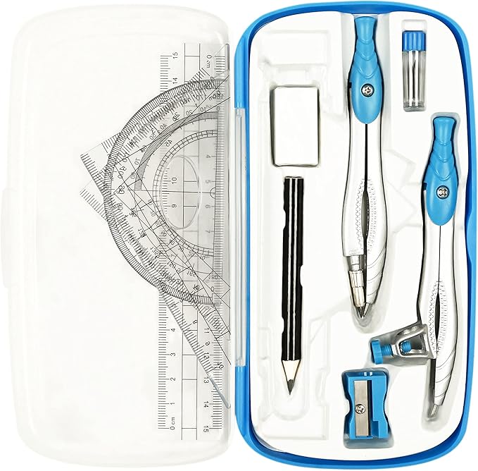 Lifreer Geometry Set,10 Pcs Protractor and Compass Set, Math and Ruler Set for Students, Class Supplies, and School - Essential Compass Geometry Tools for Precision and Quality (Blue)