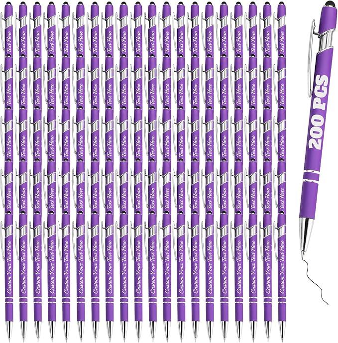 Personalized Pens Bulk 200 with Name Custom Engraving Ballpoint Pens with Stylus Tip Customized Smooth Writing Pens Personalized Gifts for Anniversary Birthday or Graduation(Purlpe,Black Ink)