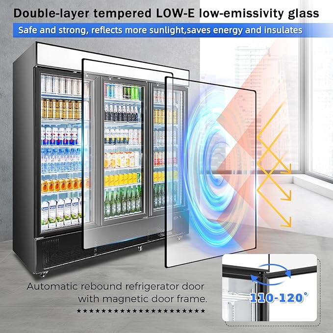 Commercial Beverage Refrigerator with 3 Glass Doors 56 Cu.ft Display Merchandiser Cooler Bar Black Drink Fridge for Convenience Stores, Supermarkets,Bars,Offices