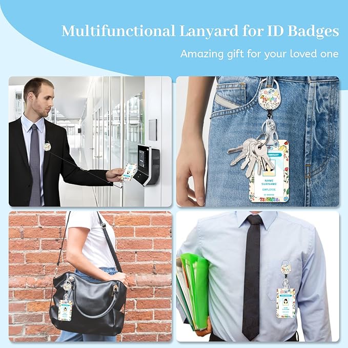 Teacher Lanyards for Id Badges, Cute Flower Floral Badge Holder with Retractable Reel Clip, Adjustable Work Name Tags Keychain Lanyard ID Card Protector Cover Case for Women Nurse Office