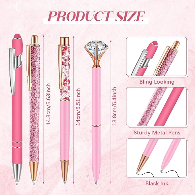 Sabary 8 Pcs Ballpoint Pens with Pen Holder for Desk Glitter Crystal Diamond Fancy Pencil Holder Bling Desk Organizer Cute Office Supplies for Women Girls Valentines Birthday Gifts(Pink)