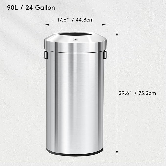 EKO Urban 24 Gallon Round Stainless Steel Open Top Waste Bin, Tall Commercial Trash Can for Indoor/Outdoor, Extra Large Metal Garbage Bin for Office, Restaurant, Restroom, 90L